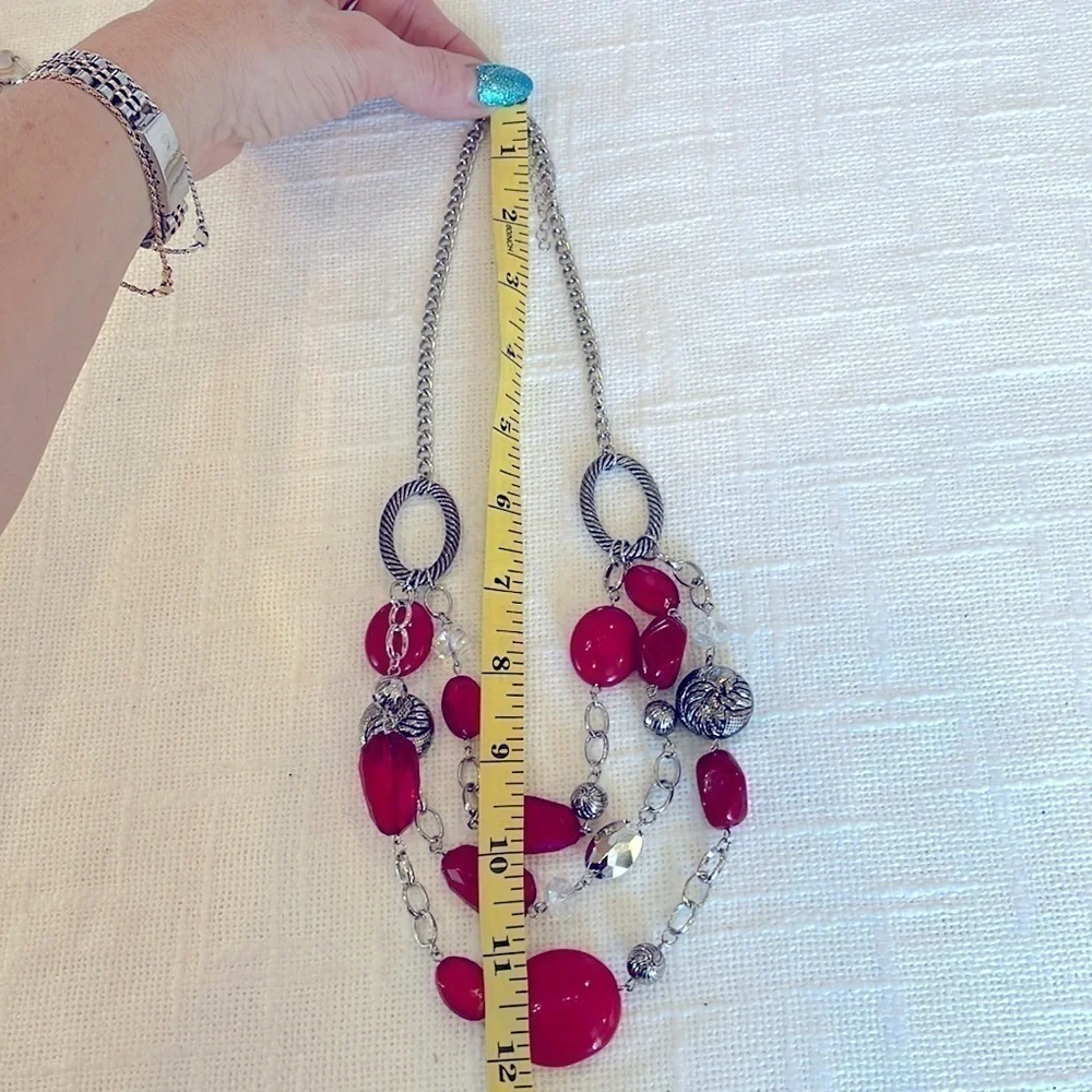 💐5/25 triple strand red silver tone necklace open oval textured links